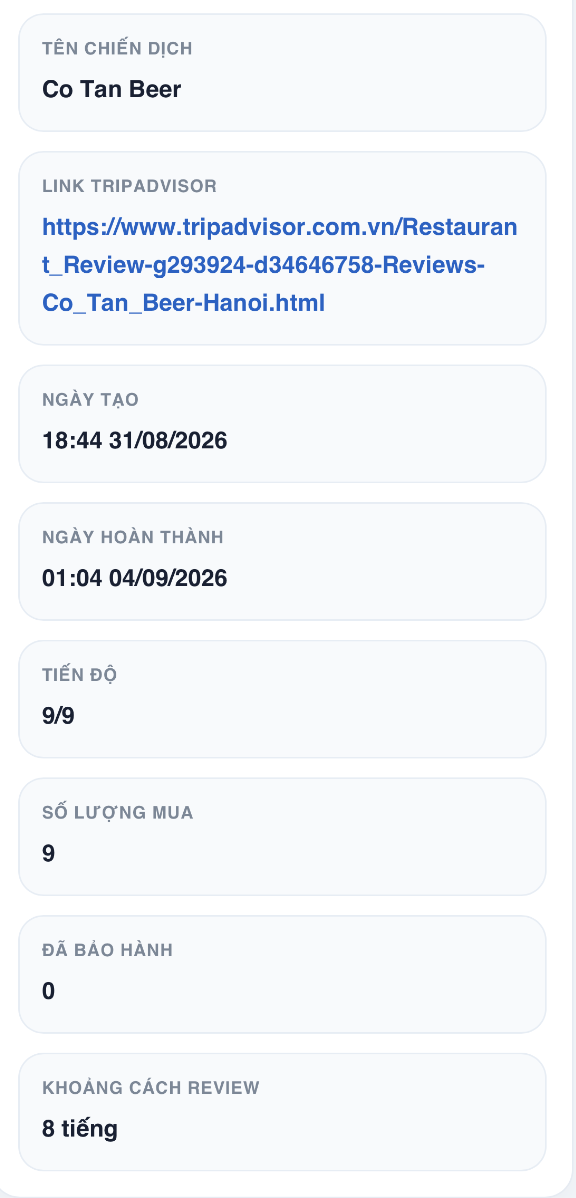 Giao diện báo cáo Tripadvisor sau khi lên đơn