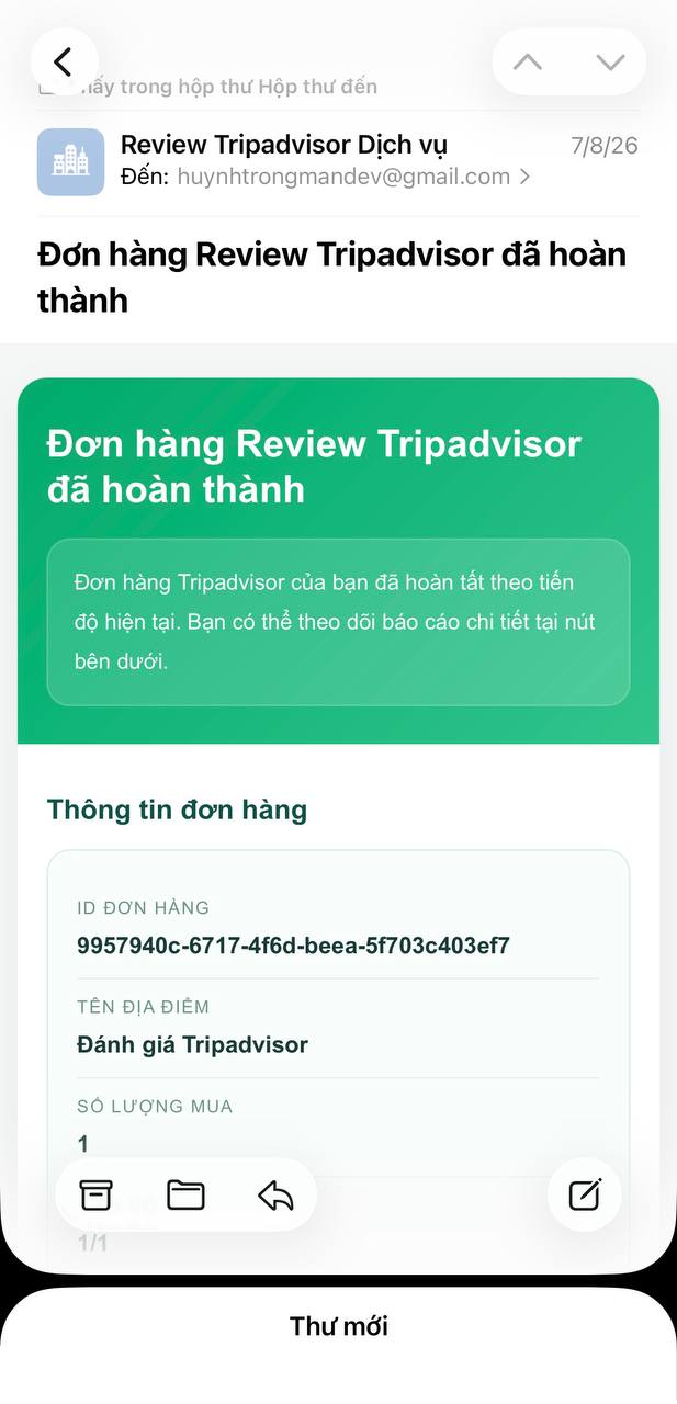 Giao diện báo cáo đơn hàng qua Email của khách hàng khi hoàn thành chiến dịch