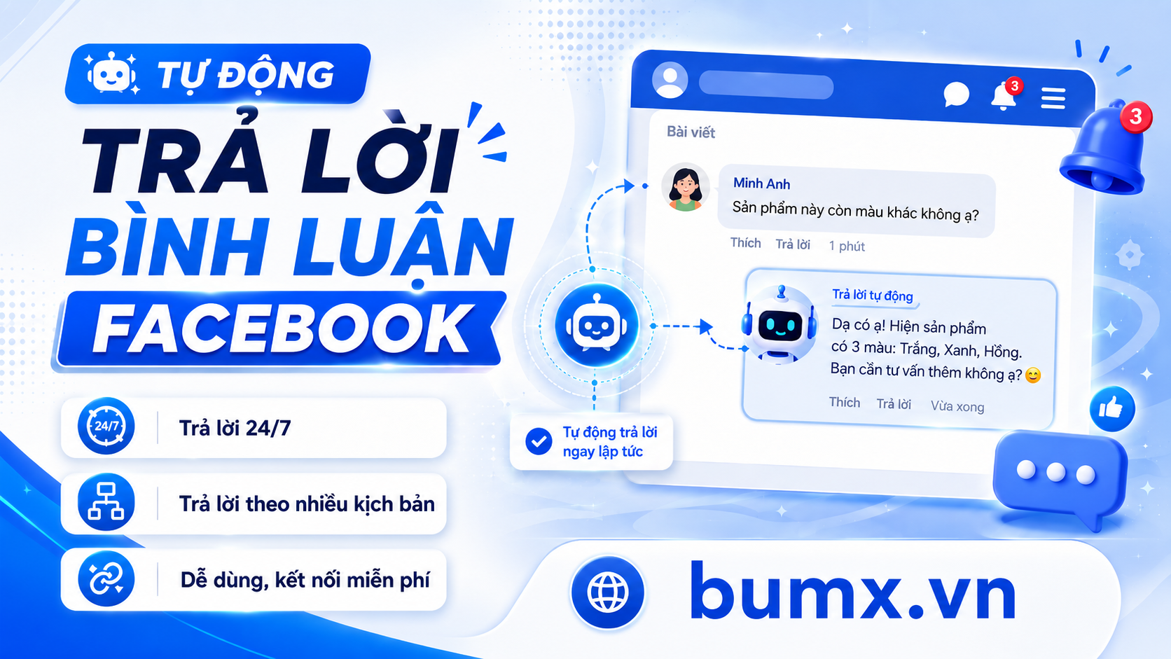 Banner tính năng tự động trả lời bình luận Facebook BumX