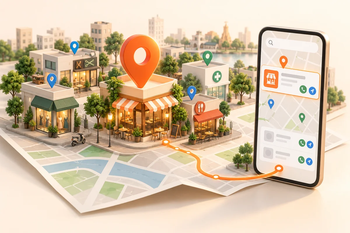 Minh hoạ quảng cáo địa điểm: cửa hàng, ghim bản đồ và điện thoại kết nối khách hàng ở gần